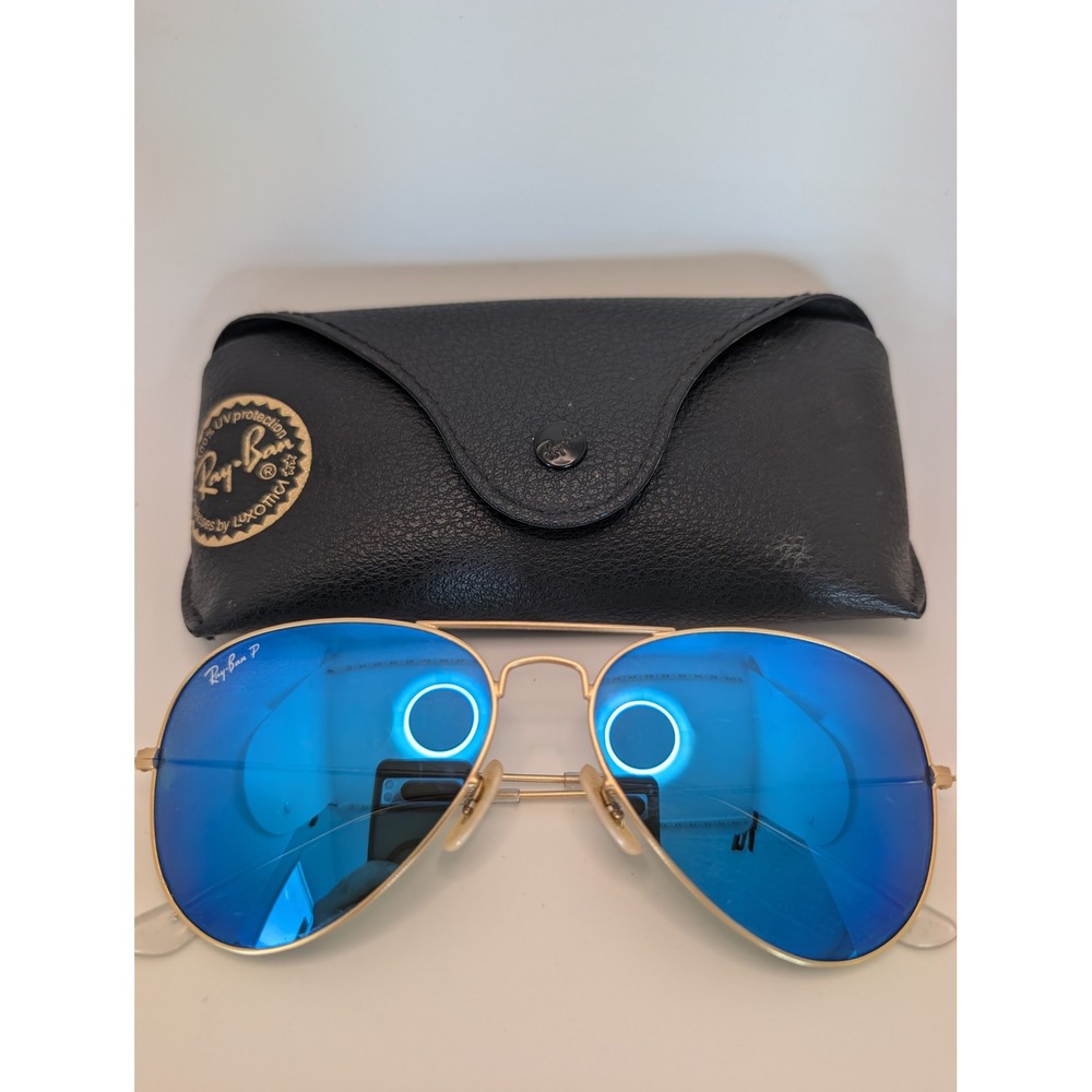 Ray-Ban Aviator Gold Blue Mirrored Polarized Sunglasses RB3025 Case
